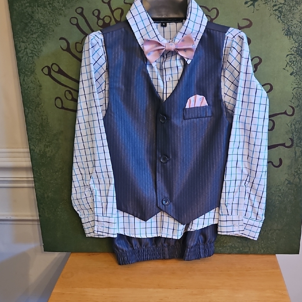 2 Piece Blue Pin Stripe Suit, Andrew Fezza Blue & White Checkered Shirt, & Tie